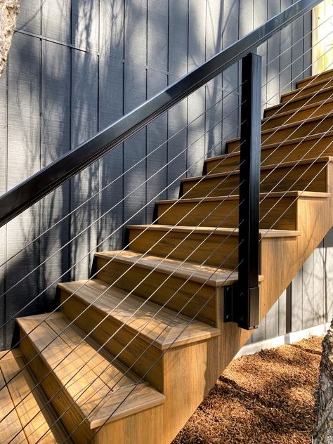 Trex Stairs And Cable Railing...The Combo That Won My Whole Heart Trex Stairs, Trex Fascia, Cable Railing Diy, Trex Railing, Metal Staircase, Outdoor Stair Railing, Deck Remodel, Staircase Storage, Beach Haven