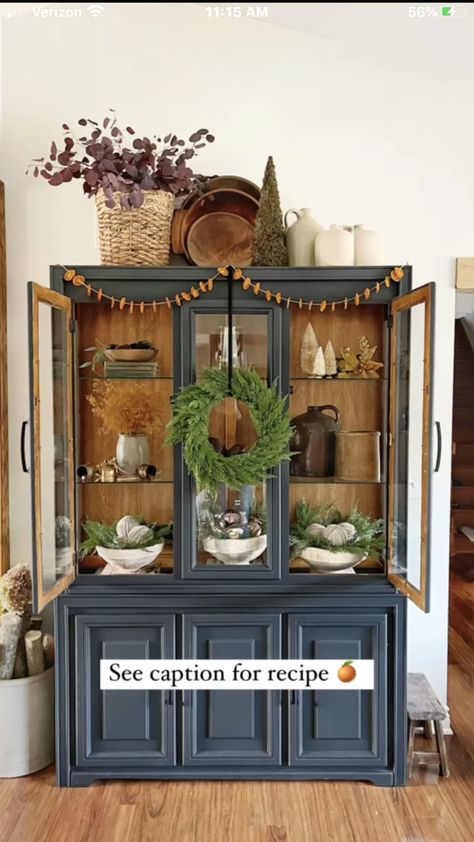 Decorate China Cabinet Display, Decorate Top Of China Cabinet, Dining Hutch Decor, Chalk Painted Hutch, Green China Cabinet, China Cabinet Decor, Hutch Ideas, Wood Refinishing, Painted China Cabinets