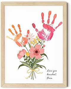 TwoDays Flower Bouquet Handprint Art Craft DIY Kit, Unique Gifts for Mom from Daughter or Son for Mother's Day Birthday Christmas, Gift for Grandma.(12" X 16", with Wood Frame) Christmas Gift For Grandma, Grandparents Day Crafts, Gifts For Mom From Daughter, Unique Gifts For Mom, Handprint Art, Gift For Grandma, Baby Art, Craft Diy, Diy Kit