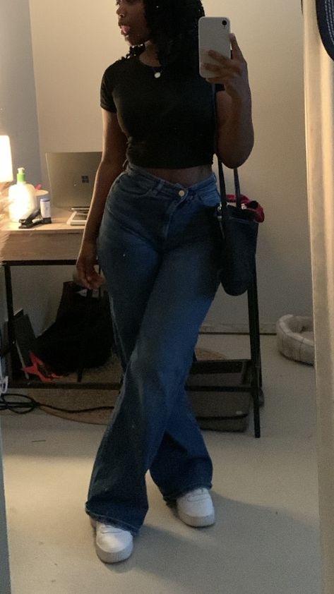 Basic black crop top, Guess blue denim jeans- wide leg, black tommy hilfiger cross body, white pumas, michael kors silver necklace, short extra small passion twist. Black Crop Top Outfit, White Pumas, Passion Twists, Blue Jean Outfits, Basic Fits, Black Crop Top, Crop Top Outfits, Tommy Hilfiger Jeans, Wide Jeans