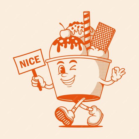 Premium Vector | Vector gelato character ice ceam retro cartoon mascot character Ice Cream Cartoon Drawing, Retro Ice Cream Logo, Ice Cream Art Illustrations, Retro Cartoon Illustration, Ice Cream Branding Design, Ice Cream Mascot, Logo Ice Cream, Cartoon Ice Cream Cone, Ice Cream Character