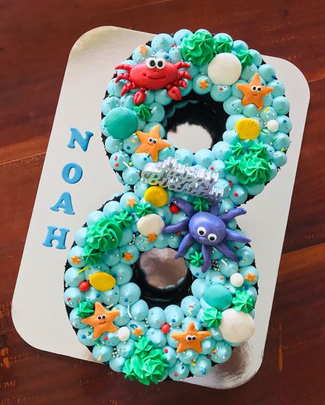 Under The Sea Number Cake, Ocean Birthday Cakes, Number One Cake, Number 1 Cake, Under The Sea Cake, 9th Birthday Cake, Ocean Cakes, Number Eight, 1 Year Birthday