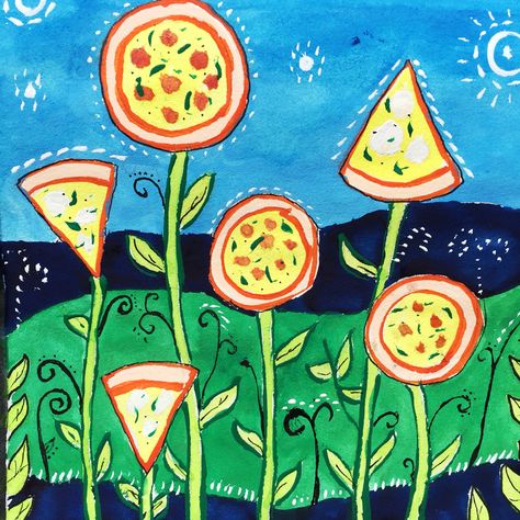 Pizza Painting, Flower Pizza, Pizzeria Design, Spring Drawing, Pizza Art, Chalk Wall, Spring Illustration, Food Art Photography, Surrealism Art