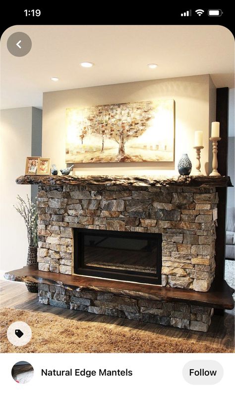 Live Edge Mantel Ideas, Fireplace Surround Stone, Live Edge Mantle, Live Edge Fireplace Mantel, Diy Fireplace Surround, Candle Fireplace, Corner Fireplaces, Fireplace Walls, Rustic Stone Fireplace