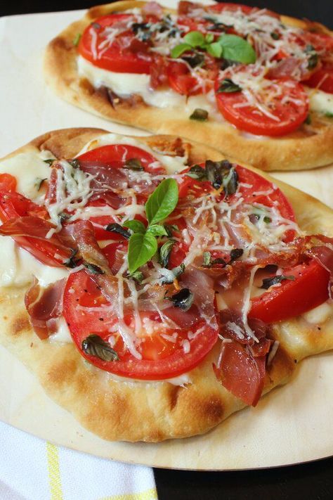 Naan Bread Margherita Pizza with Prosciutto | "I make this at least once a week! I use fresh basil and tomatoes out of my Garden. It is excellent with either fresh mozzarella, low moisture- part skim or whole milk!" #dinnerideas #dinnerrecipes #familydinnerideas #pizza #pizzarecipes #pizzaideas #homemadepizza Pizza With Prosciutto, Easy Dinners For One, Naan Bread Pizza, Grilled Romaine Salad, Prosciutto Recipes, Grilled Flatbread, Margarita Pizza, Naan Pizza, Pizza Flatbread