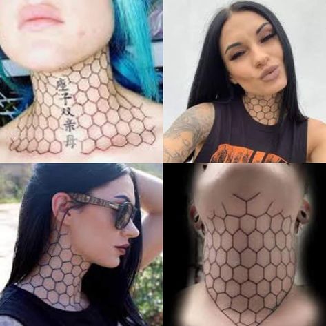 Beehive Neck Tattoo, Honeycomb Tattoo Neck, Honeycomb Neck Tattoos Women, Honeycomb Throat Tattoo, Hexagon Neck Tattoo, Honey Comb Neck Tattoos, Honeycomb Neck Tattoo, Geometric Throat Tattoo, Honey Costume