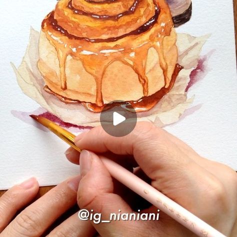 Nianiani on Instagram: "If you haven’t already watched this @skillshare class, here’s a little sneak peek of the painting process of my cozy cinnamon roll with caramel🍁

.
.
.
.
.
#foodillustration #watercolorfood #cinnamonrolls #cinnabon #coffee #coffeelover #coffeeaddict #watercolorpainting #watercolorart #worldofartists #worldofart #worldwatercolorgroup #foodpainting #watercolor #watercolour #watercolours #foodartmonthly #foodart #watercolortutorial #skillshare" Watercolor Cinnamon Roll, Cinnamon Roll Painting, Watercolour Coffee, Watercolour Cards, Acrylic Portrait Painting, Acrylic Portrait, Skillshare Classes, Coffee Drawing, Watercolor Food