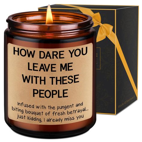 PRICES MAY VARY. Coworker Leaving Gifts; Printed with a fun sayings “how dare you leave me with these people infused with the pungent and biting bouquet of fresh betrayal...just kidding, I already miss you”, our candle makes a unique leaving gift for your favorite coworker, best friends, colleague, best coworker, office friend, work friend, work bff, boss, employee, or any coworker friend at work A hit for any occasion; Perfect as new job gift, goodbye gifts, farewell gifts for coworkers, office Favorite Coworker Leaving, Gifts For Coworker Leaving Job, Colleague Gift Ideas, Farewell Gift Ideas For Friends, Farewell Quotes For Coworker, Funny Gifts For Coworkers, Unique Coworker Gifts, Funny Diy Gifts, Gift For Coworker Leaving