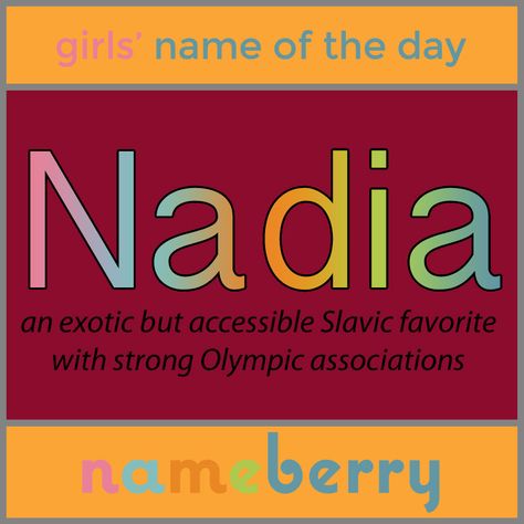 Baby Girl Name: Nadia. Meaning: Hope. Origin: British; Arabic; Romanian; Russian. It's hard to imagine Russian names feeling right for the moment, but Nadia's meaning -- hope -- is a good one. Nadia Name, Russian Names, Baby Name Meaning, Rare Names, Baby Girl Name, Popular Baby Names, Cool Baby Names, Vintage Names, Gender Neutral Names