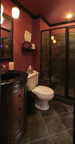 Poised, Plum-Red Bathroom | Bathroom Paint Colors, Red Bathrooms and Paint Color Schemes Tiled Bench, Burgundy Bathroom, Bathroom Colours, Dark Bathroom, Condo Bathroom, Small Floor Plans, Small Bathroom Sinks, Red Bathroom, Bathroom Floor Plans