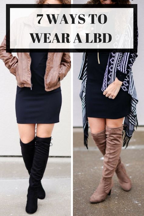 Black Bodycon Dress Outfit Fall, Lbd Fall Outfit, Lbd With Boots, How To Style Lbd, Lbd Outfit Party Night, Dress With Tall Black Boots, Fall Black Dress Outfit With Boots, Black Dress Outfit With Boots, How To Style Short Black Dress