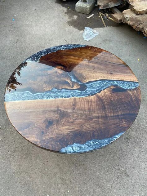 Ocean Wave Round Epoxy Resin Coffee Table Handmade Natural Acacia Wooden Luxury Sofa Desk, Trading Desk, Counter Desk, Epoxy Table Top, Coffee Table Top, River Table, Wood Counter, Live Edge Wood, Raw Wood