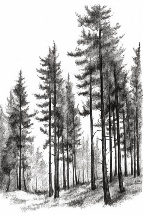 Drawing Ideas Trees Nature, How To Draw Trees In The Distance, Drawing Forest Pencil, Pine Tree Drawing Pencil, Woods Drawing Forests, Opeth Tattoo, Forest Drawing Pencil, Forest Sketch Simple, Twisted Tree Drawing