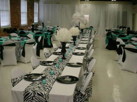 Turquoise & zebra print wedding! This was one of my favorite weddings to do & with only 3 weeks of planning ♥ Turquoise Quince, Zebra Wedding, Events Decorations, Zebra Party, Head Tables, Purple Zebra, Events Decor, Chair Covers Wedding, Centerpieces Wedding