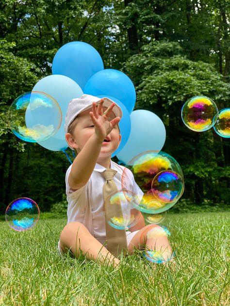 Balloons, Bubbles Birthday 2 years old Two Year Old Photo Shoot Boy, 2nd Birthday Photo Shoot Ideas For Boys, 2 Year Birthday Photoshoot, Second Birthday Boys, 2nd Birthday Photos, Bubble Birthday, Toddler Photoshoot, Boy Photo Shoot, Happy Birthday Decor