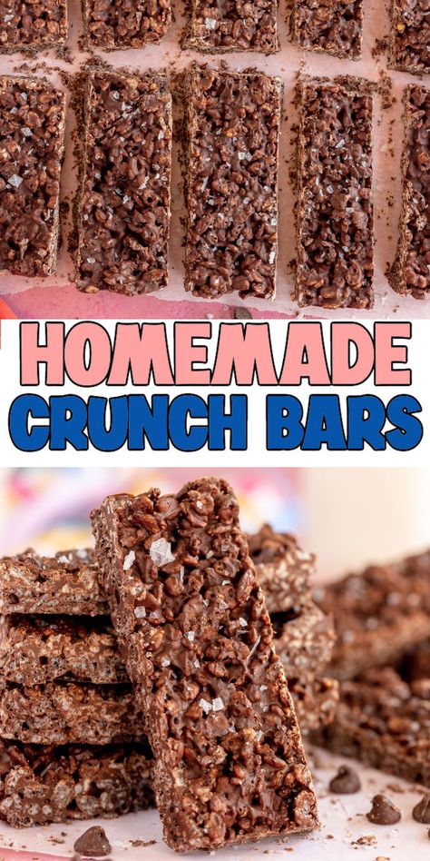 Recipes Using Rice Krispies, Homemade Crunch Bars, Crunch Bars Recipe, Chocolate Rice Crispy, Rice Crispy Bars, Chocolate No Bake, Yummy Bars, Rice Krispie Bars, Candy Bar Recipe