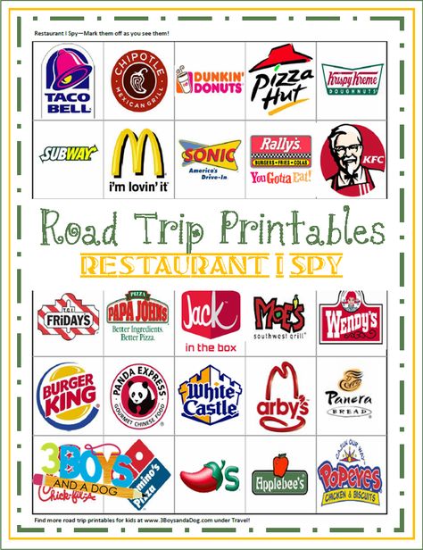 Road Trip Printables for Kids: Restaurant I Spy - and check out the links on the page to more fun travel activities and ideas for that long drive to Disney World! Road Trip Printables For Kids, Kids Restaurant, Road Trip Printables, Kids Restaurants, Trip Games, Traveling Ideas, Road Trip Activities, Road Trip Games, Printables For Kids