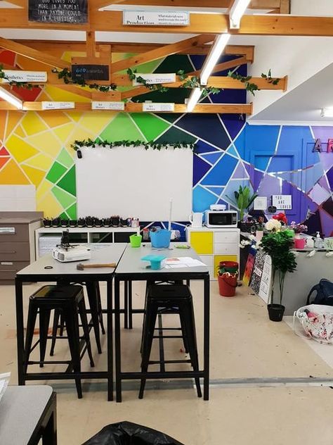 Middle School Classroom Interior Design, Classroom Murals Middle School, Art Classroom High School Interior, High School Art Room Design, High School Art Room Organization, School Art Classroom Design, Art Classroom Design, Art Classroom Layout, School Art Room