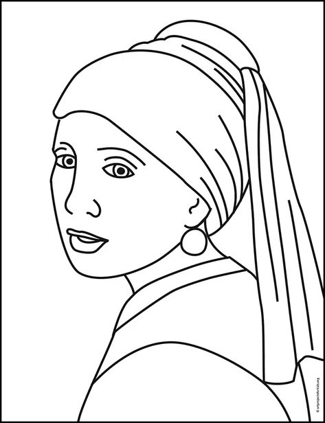 Famous Paintings Drawing, Famous Drawings, Famous Art Coloring, Vermeer Art, Museum Drawing, Famous Drawing, Girl With The Pearl Earring, Girl With Pearl Earring, Girl With A Pearl Earring