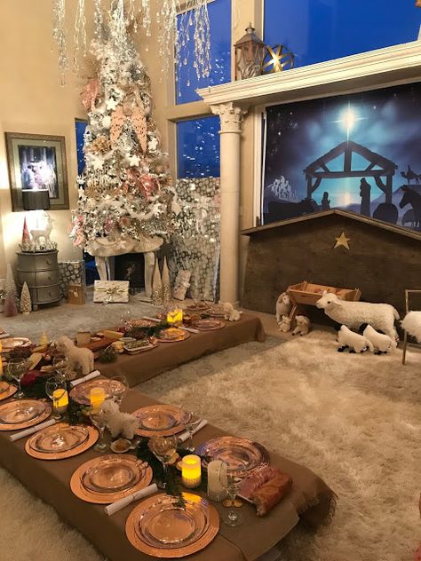 A Night In Bethlehem Dinner - Purple Chocolat Home Bethlehem Christmas Dinner, A Night In Bethlehem Christmas Party, Christmas In Bethlehem, Walk Through Bethlehem Ideas, Night In Bethlehem Christmas Party, A Night In Bethlehem Ideas, Nativity Tablescape, Ancient Bethlehem, Bethlehem Dinner