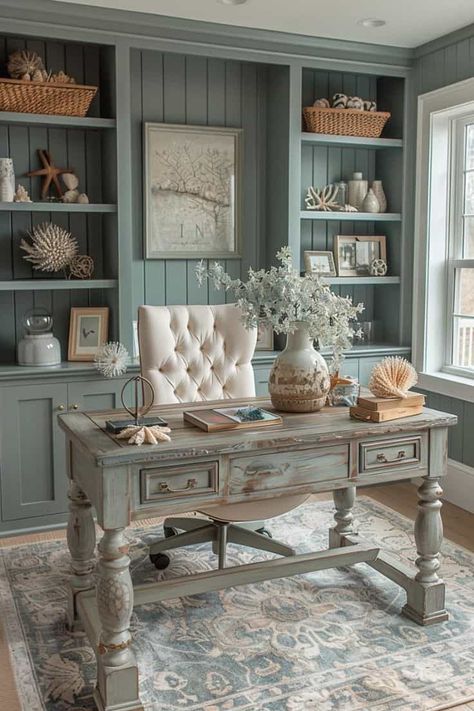 20 Coastal Shelf Styling Ideas » Lady Decluttered Home Office Beach Style, Driftwood Desk, Shelf Styling Ideas, Coastal Home Office, Studio In Casa, Cottage Office, Coastal Office, Country Office, Georgia House