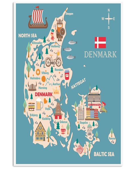 Map Of Denmark, Denmark Map, Denmark Travel, Viborg, City Illustration, Travel Illustration, Illustrated Map, Aarhus, Travel Maps