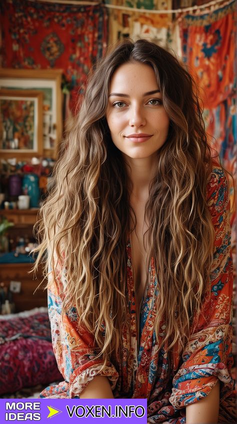 23 Stylish Side Bangs for Long Hair: Romantic, Bridal, and Futuristic Styles Wavy Boho Hair, Long Side Bangs Curly Hair, 70s Boho Hair, Boho Hair With Bangs, Long Hair Length, Bangs Long Hair Wavy, Boho Waves Hair, Wavy Hair Cuts Long, Long Haircut For Wavy Hair