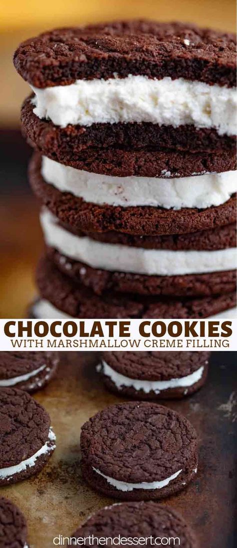 Chocolate Sandwich Cookies that are rich and chewy with a creamy marshmallow filling just like from your favorite bakery! #cookie #chocolate #sandwichcookie #dessert #baking #christmas #dinnerthendessert Cookies Marshmallow, Marshmallow Filling, Chocolate Marshmallow Cookies, Smores Dessert, Dinner Then Dessert, Cookie Sandwich, Sandwich Cookie, Yummy Deserts, Marshmallow Cookies