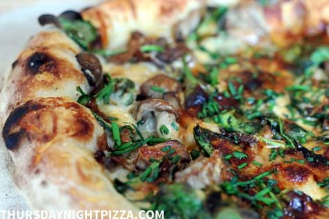 Oyster Mushroom Pizza with Paprika and Chives • Thursday Night Pizza Pizza With Spinach, How To Cook Kale, Cooking For A Group, Sweet Paprika, Mushroom Pizza, Oyster Mushroom, Pizza Ingredients, Baking Stone, Spinach And Cheese