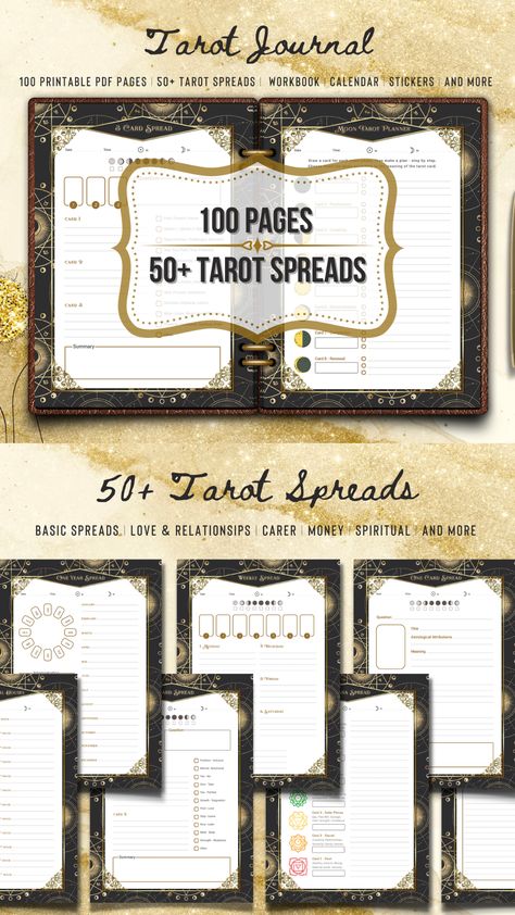 Printable Tarot Journal, Tarot Spread Pages, Tarot Planner, Tarot Diary, Tarot Notebook, 100 Printable PDF pages - Printable Tarot Workbook

WHAT YOU GET:

- 50+ tarot spreads (Love & Relationship, Health, Spiritual, Carer, Money, Basic, Dream, Astrology, Moon Spreads...)

- Personal spread pages

- Spread Design Page

- Tarot Calendar / Planner

- Printable Stickers (2 sizes)

- Daily Reading

- Card Meanings

- Tarot Workbook

- Notes

- Cover Page Tarot Journal Cover, Tarot Notebook, Tarot Workbook, Tarot Planner, Pages Tarot, Astrology Moon, Tarot Decks Art, Notes Cover, Tarot Journal