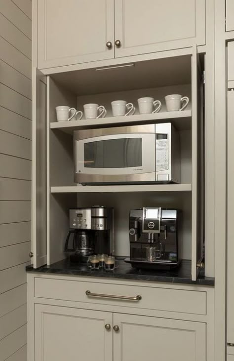 Oven And Coffee Station, Appliance Garage For Microwave, Microwave Station Ideas, Kitchen Built In Hitch, Coffee And Microwave Cabinet, Coffee Microwave Toaster Station, Microwave Above Coffee Bar, Coffee Bar And Microwave Station, Microwave Coffee Station Cabinet