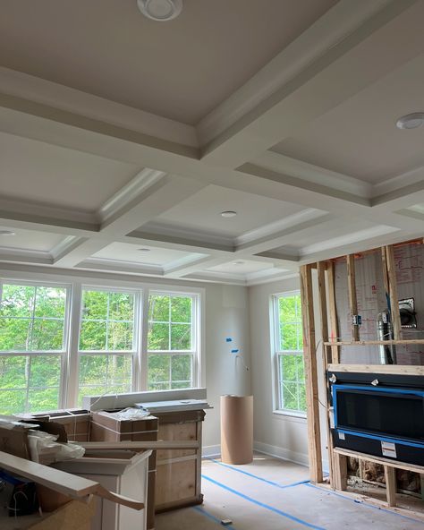 From Builder-Grade to Modern Sophistication + Comfort ✔️ With sleek coffered ceilings and deep-toned accent walls, this space balances cozy neutrals with bold contrast. The plush seating, layered textures, and chic decor create an inviting yet stylish retreat, perfect for unwinding or entertaining. Design | @brocatodesignco Construction | DV Home Improvement #brocatodesignco #currentdesignsituation #myhousebeautiful #dominomag #interiordesign #interiorstyling #elledecor #homedecor #showem... Light Wood Coffered Ceiling, Drywall Coffered Ceiling, Wood Plank Coffered Ceiling, Curved Coffered Ceiling, Suspended Coffered Ceiling, Coffered Ceiling Design, Builder Grade, Coffered Ceiling, Formal Living Rooms