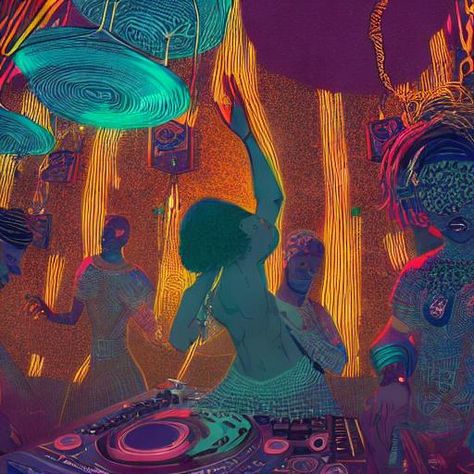 dj set at a bar, a godess dancing afro beats, epic scene, by victo ngai, kilian eng vibrant colours, dynamic lighting, digital art, winning award masterpiece, fantastically beautiful, illustration, aesthetically inspired by beksinski and dan mumford, trending on artstation, art by greg rutkowski, 8 k Neo Soul Art, Indian Music Aesthetic, Afro Music Aesthetic, Afro Beats Aesthetic, Lighting Digital Art, Kilian Eng, Afro Beats, 2025 Moodboard, Victo Ngai