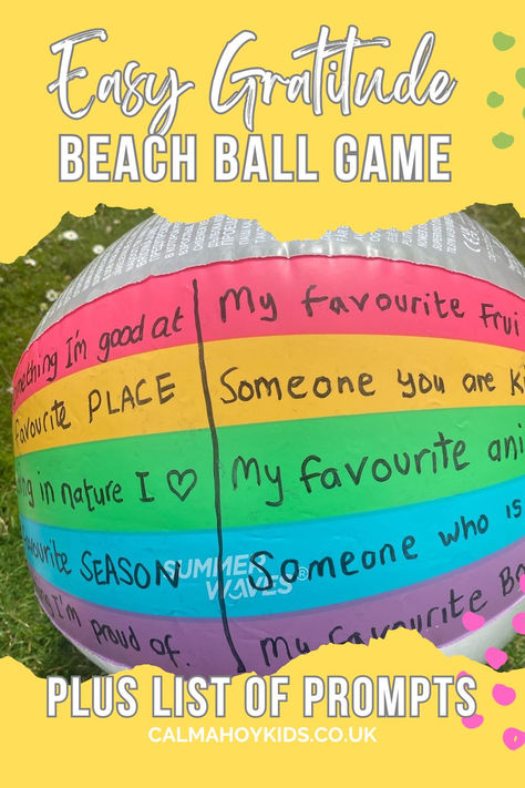 The Gratitude Beach Ball Game is a fun and interactive way to teach children about the importance of gratitude while keeping them engaged and active. Beach Day Games For School, Beach Ball Ice Breaker Questions, Team Building Beach Games, Ice Breaker Questions For Kids, Beach Ball Question Game, Beach Ball Therapy Activity, Beach Ball Sight Word Game, Gratitude Activity, Beach Ball Games