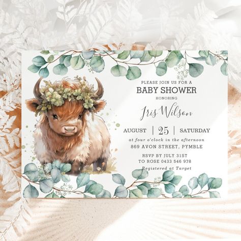 Cute Highland Cow Eucalyptus Greenery Baby Shower Invitation Silver Eucalyptus, Cow Baby Shower Invitations, Highland Cow Baby, Cow Baby Shower, Gender Neutral Invitations, Fluffy Cow, Lollipop Party, Cow Baby Showers, Cute Highland Cow