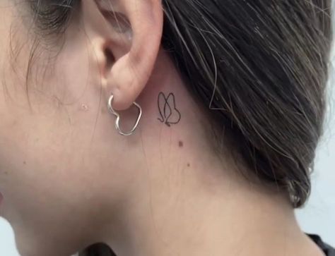 Butterfly Ear Tattoo, Butterfly Behind The Ear Tattoo, Butterfly Tattoo Behind Ear, Jade Tattoo, Butterfly With Flowers Tattoo, Simple Butterfly Tattoo, Brain Tattoo, Behind Ear Tattoos, Cute Simple Tattoos