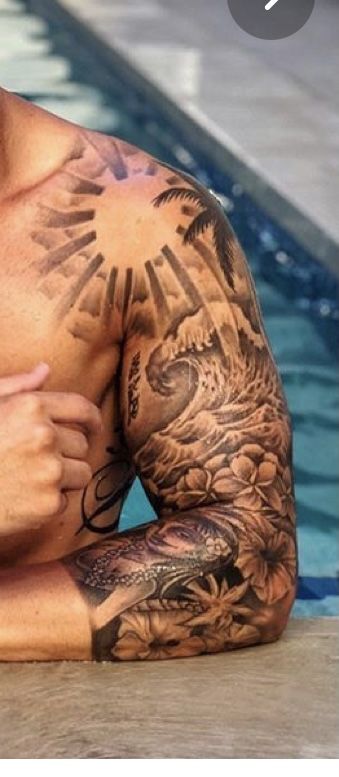 Sun Tattoo Arm Half Sleeves, Beach Chest Tattoo Men, Sun Men Tattoo, Shoulder Tattoo Men Sketch, Sun Tattoo Men Shoulder, Tattoo Sleeve Upper Arm, Surf Tattoo Sleeve, Exotic Tattoos Men, Upper Arm Sun Tattoo