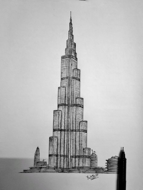 Burj Khalifa Dubai Pen Sketch How To Draw New York, Dubai Drawing Sketch, Architecture Sketch Simple Building, Burj Khalifa Sketch, Building Sketch Simple Architectural Drawings, Burj Khalifa Drawing, Building Drawing Architecture Sketches, Dubai Sketch, Dubai Drawing