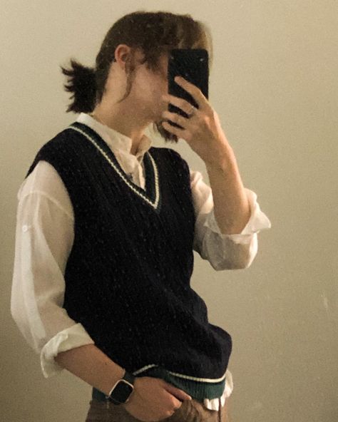 Formal Male Attire, Indie Outfits Feminine, Masc Preppy Outfits, Preppy Nonbinary Outfits, Black Academia Outfit Men, Dark Academia Clothes Men, Masc Valentines Outfit, Masc Vest Outfit, Half Sleeve Sweater Outfit