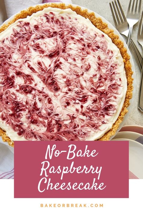 No-Bake Raspberry Cheesecake is a no-fuss dessert made with the most delicious cheesecake filling swirled with raspberry preserves. A great recipe for an easy-to-make dessert! - Bake or Break #cheesecake #nobake #raspberry Cheesecake Starbucks, No Bake Raspberry Cheesecake, Recipe For Meatloaf, Raspberry No Bake Cheesecake, Raspberry Swirl Cheesecake, Bake Cakes, Raspberry Preserves, Baked Cheesecake Recipe, Easy To Make Desserts