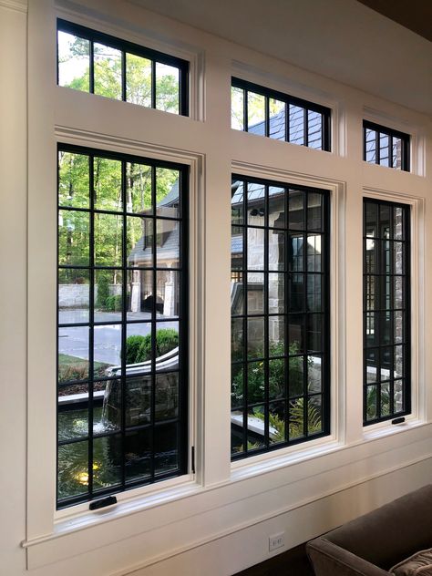 Transit Windows Interior Design, Second Floor Window Ideas, Modern French Windows, Black Square Windows, Three Windows In A Row, Window Grills Modern, Grilled Windows, Home Windows Design, Window Wall Design