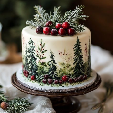 Charming Winter-Themed Small Wedding Cakes: Top Ideas & Tips! Discover Unique Designs - Yeah Weddings Christmas Fruit Cake Designs, Christmas Cake Two Tier, Christmas Cake With Trees, Chocolate Winter Cake, Simple Xmas Cake Designs, Painted Christmas Cake, Christmas Cakes Buttercream, Wedding Cake Ideas Spring, Unique Cake Decorating Ideas