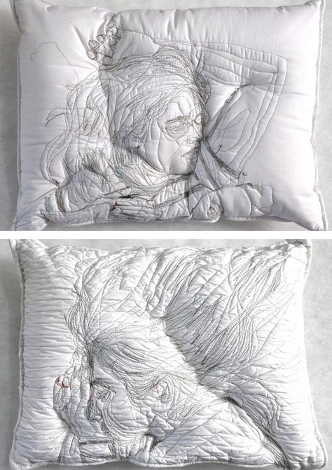 Maryam Ashkanian, Pillows Sleeping, Sleeping People, Embroidered Pillow Cases, Embroidery Pillow, Ideas Embroidery, Silhouette People, Textile Sculpture, People Sleeping