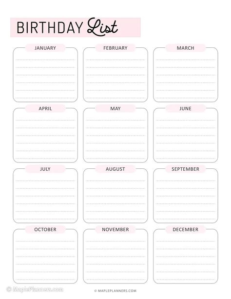 Free Printable Birthday List Template Birthday Tracker Template, Birthday List Template Free Printable, Free Printable List Templates, Cute To Do List Template Free Printable, Printable Lists Free, Birthday Tracker Printable Free, Cute List Template, Printable List Templates, Birthdays Tracker