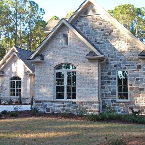 Brick And Stone Exterior Combinations, Exterior House Brick, House Brick, French Country Exterior, Stone Exterior Houses, Light Brick, Exterior Houses, Glass Railings, Stone Exterior