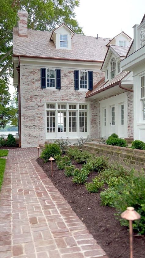 White House With Brick Accents Exterior, Weeth Home, Classic Brick House Exterior, French Country House Exterior, Modern Colonial House, White Cheddar Popcorn, Cheddar Popcorn, Garden Pathways, The Crab