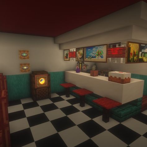 Add this 60s diner into oyur world to add a little spice and nostaglia!
#minecraft #minecraftdesign #minecraftrestaurant Restaurant Ideas Minecraft, Minecraft Restraunt Ideas, Minecraft Chinese Restaurant, Diner Minecraft, Minecraft Hotel Lobby, Minecraft Restaurant Interior, Minecraft Diner, Minecraft Restaurant Ideas, Wonderland Minecraft