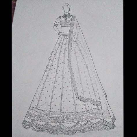 Illustration Of Lehenga, How To Draw Lehenga Sketch, Lehenga Outline Sketch, Bride Fashion Illustration Sketch, Lahenga Design Sketch, Lehenga Design Sketch, Lehenga Designs Sketches, Lehnga Sketching, Lehenga Designs Illustration