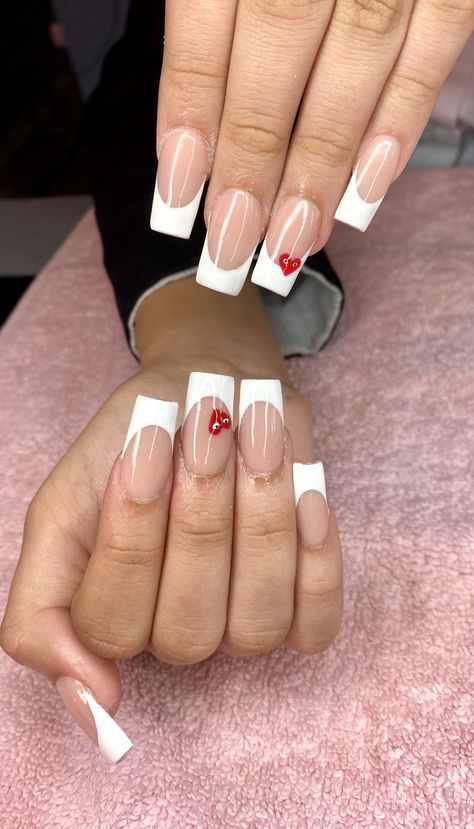 School Nail Inspiration, Holiday Nails Summer 2023 Square, French Tip Nails With Red Design, Comme Des Garcons Nails French Tip, Comes Des Garcons Nails, Square Summer Acrylic Nails, Back To School Acrylics, Pretty Nails French Tip, Comme Des Garcons Nails Acrylic