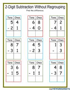 2-Digit Subtraction without Regrouping DJ Language: English Grade/level: 1 School subject: Math Main content: Subtraction Other contents: Add and subtract Subtraction 3 Digits, Adding And Subtracting Double Digits, 2 Digit Subtraction Without Regrouping, Three Digit Subtraction, Two Digit Subtraction, 2 Digit Subtraction With Borrowing, Subtraction Without Regrouping, 2 Digit Subtraction, Math Subtraction Worksheets